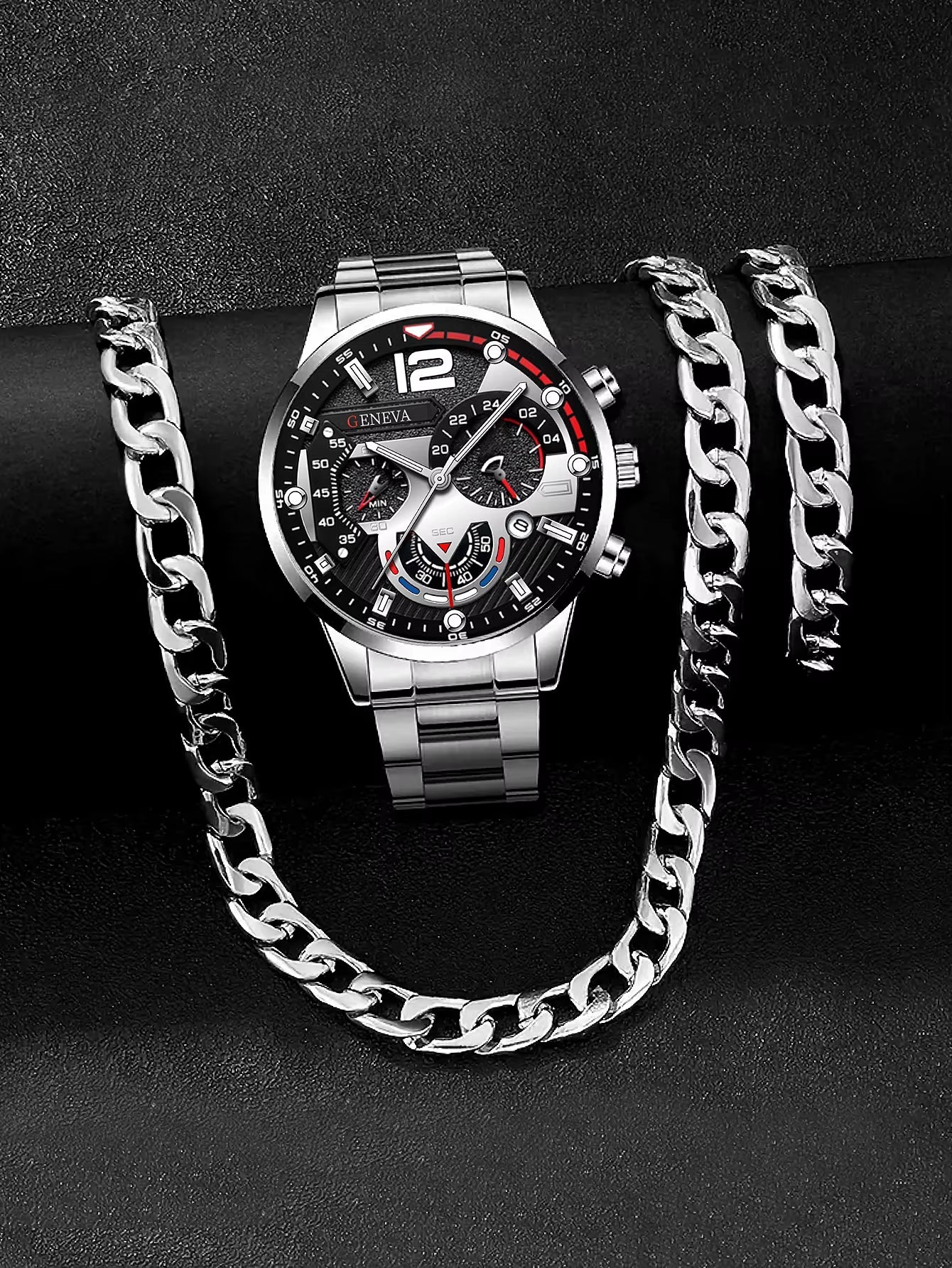 3Pcs Business Style Silver White Mechanical Design Men'S Alloy Quartz Watch with Calendar and Alloy Cuba Necklace Bracelet Set