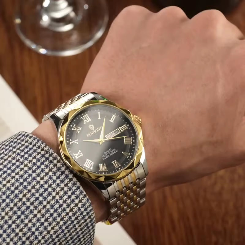 New Men'S Watch Light Luxury High End Brand Business Double Calendar Waterproof Steel Strip Male Fashion Quartz Watches Gift