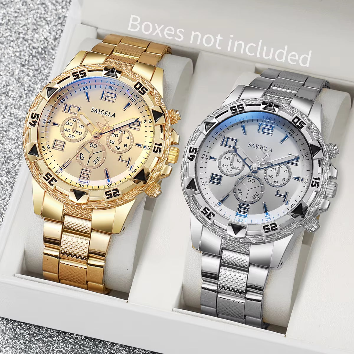 2Pcs/Set Men Business Watches Fashion Arabic Dial Steel Band Male'S Quartz Watch Set (Without Box）
