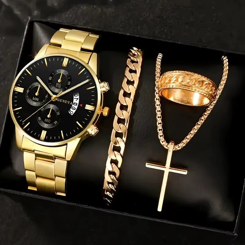 A Geneva Men'S Quartz Watch Set with Necklace and Ring -4-Piece Fashion Accessory Set, round Case Alloy Watch
