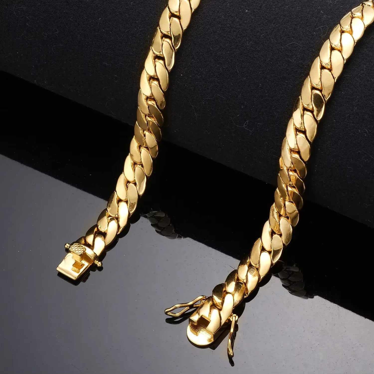 18K Gold Plated Waterproof Stainless Steel Bracelet Necklace Men Hiphop Cuban Whip Chain Necklace 6Mm/ 8.8Mm/9.6Mm 16" 18" 24"