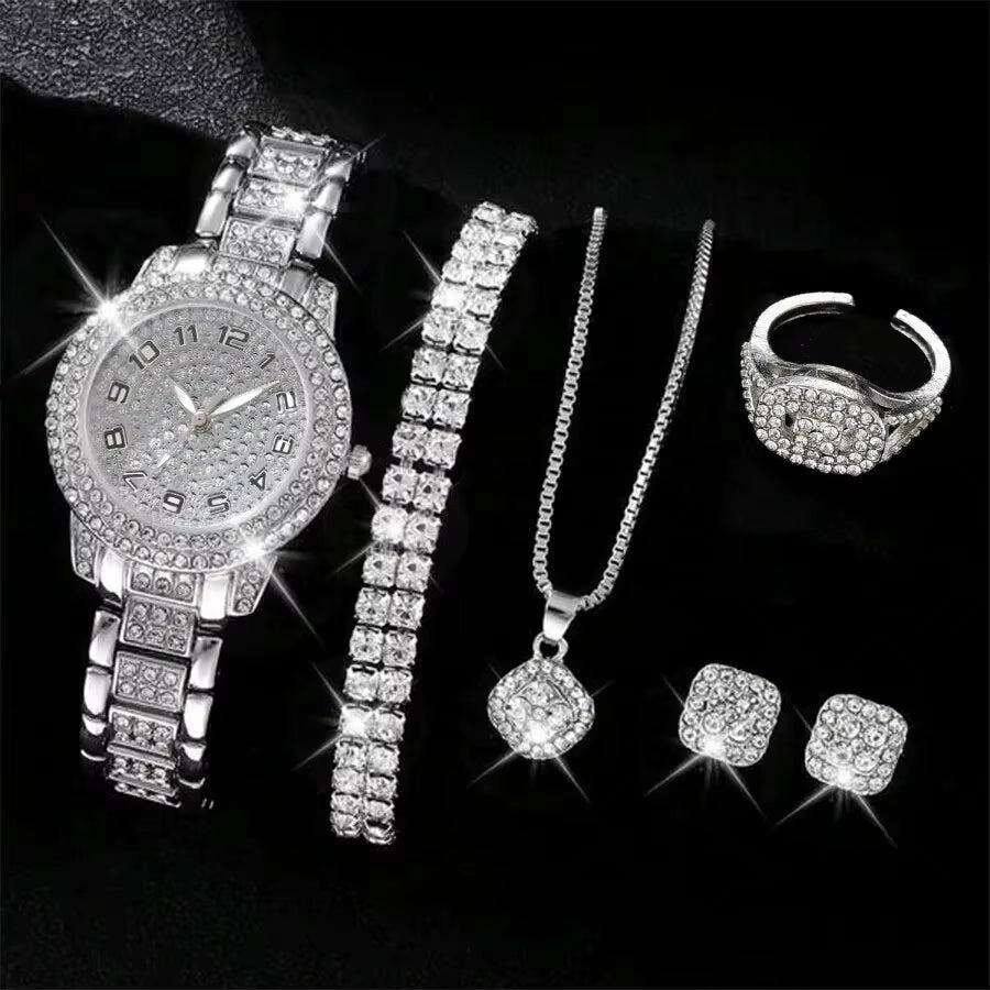 6PCS Women Watch Luxury Elegant Alloy Watch Crystal Wristwatch for Ladies Gift Quartz Watch Alloy Rhinestone Bracelet Montre