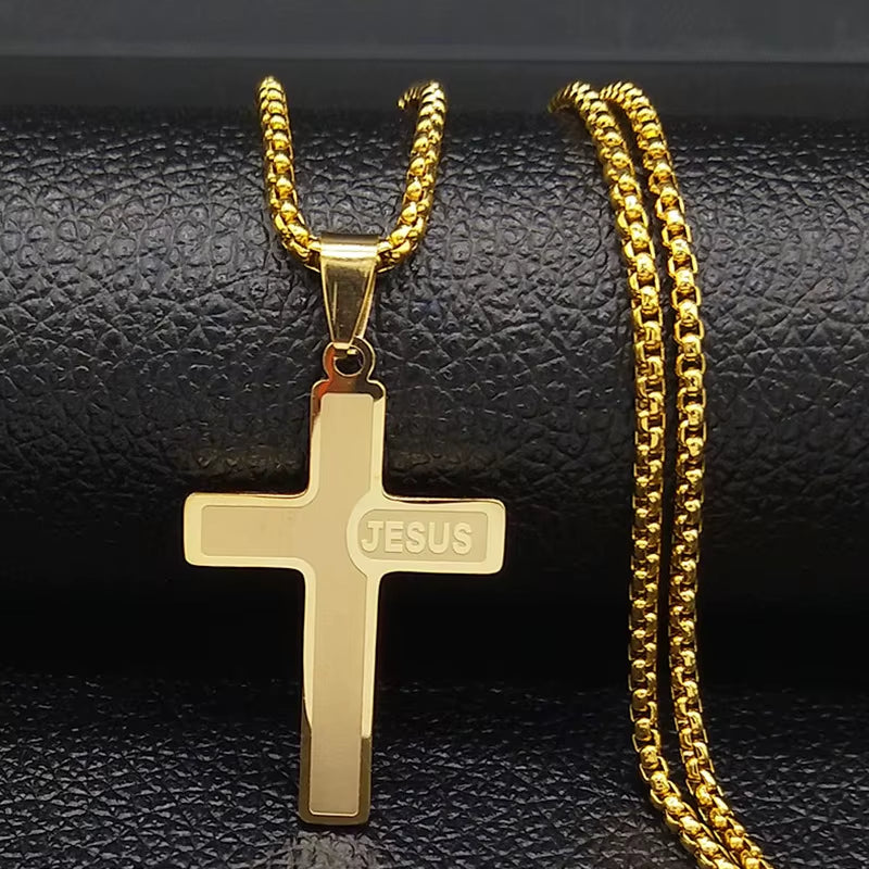 Stainless Steel Jesus Cross Pendant Chain Necklace for Men Women Jewelry Catholic Crucifixes Rosaries Accessories