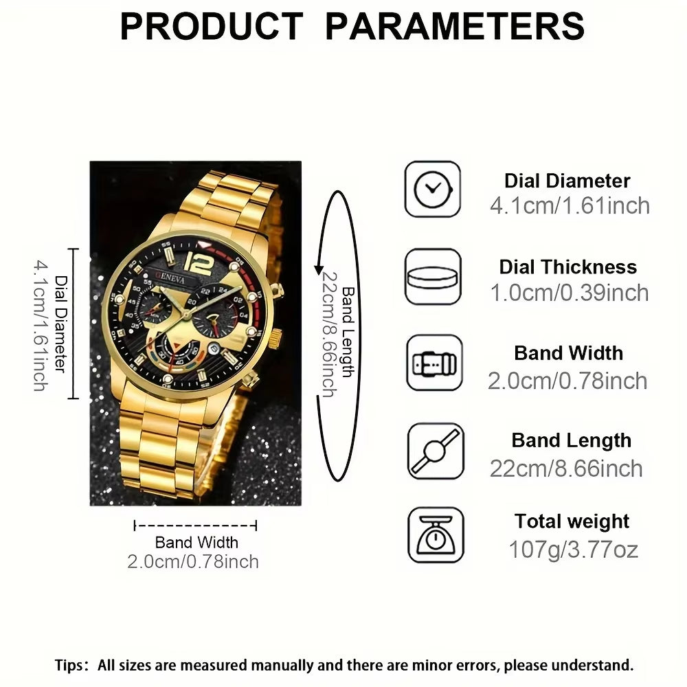 A Geneva Men'S Quartz Watch Set with Necklace and Ring -4-Piece Fashion Accessory Set, round Case Alloy Watch