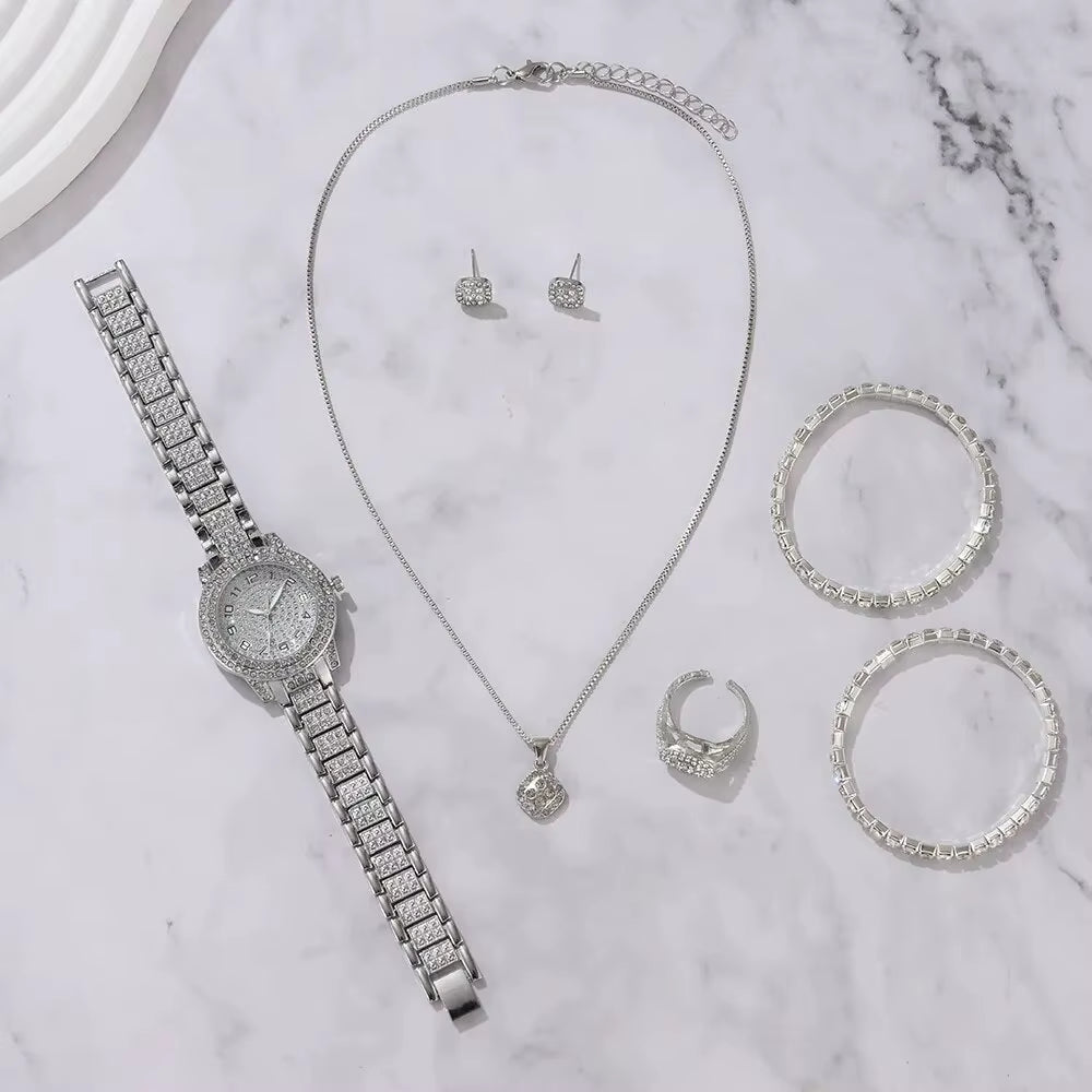 6PCS Women Watch Luxury Elegant Alloy Watch Crystal Wristwatch for Ladies Gift Quartz Watch Alloy Rhinestone Bracelet Montre