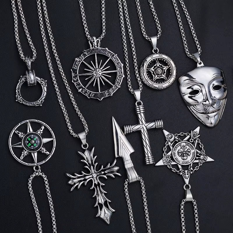 Mask Necklace Spearhead Cross Pendant Fashion Charm Sun Compass Skeleton Pentagram Sweater Chain Jewelry for Men Women Gifts