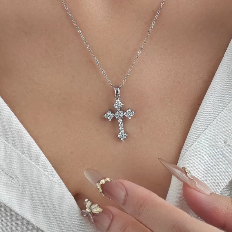 316L Stainless Steel Cross Zircon Pendant Necklace for Women Men Simple Cool Temperament Jewelry Gifts Wholesale