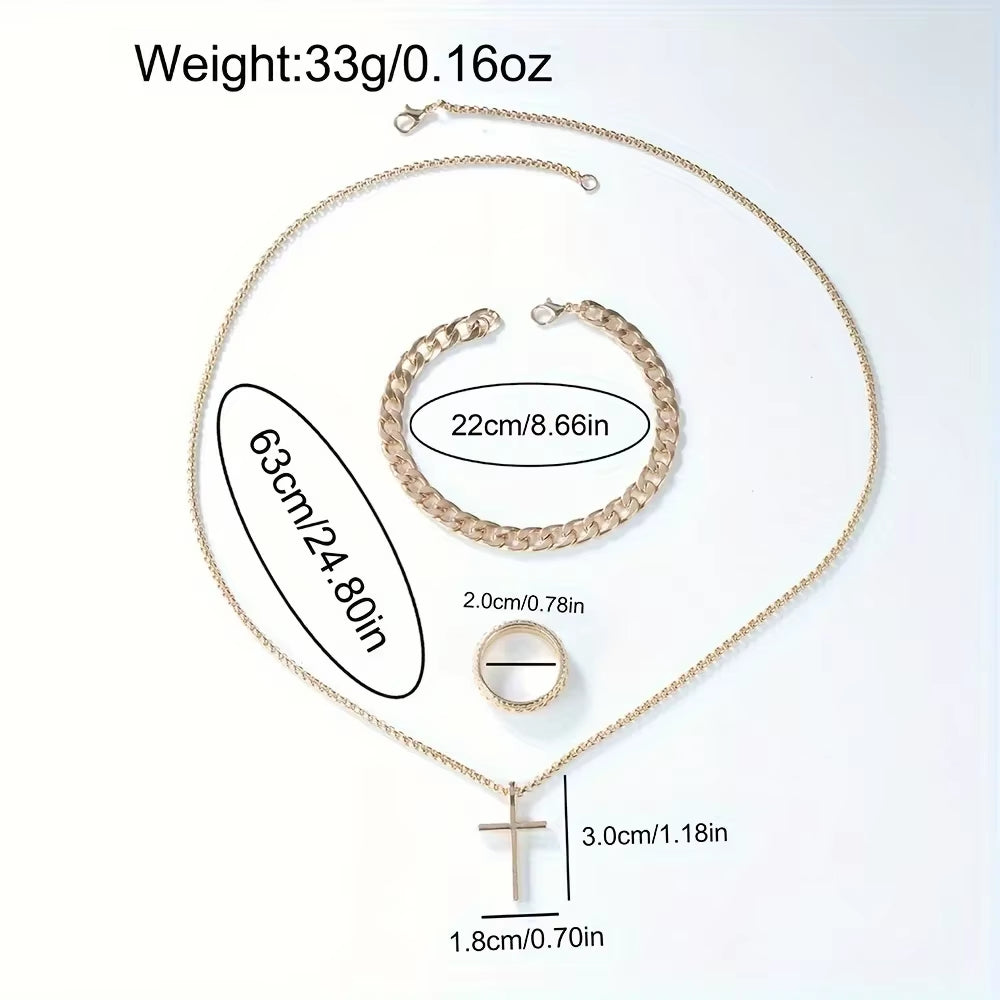A Geneva Men'S Quartz Watch Set with Necklace and Ring -4-Piece Fashion Accessory Set, round Case Alloy Watch