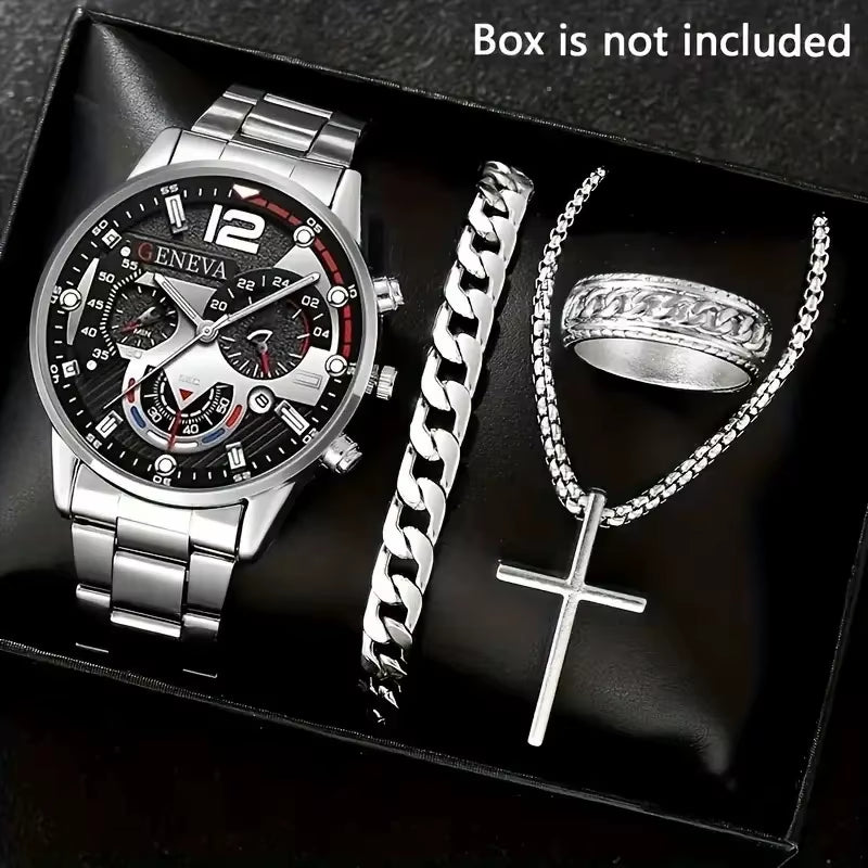 A Geneva Men'S Quartz Watch Set with Necklace and Ring -4-Piece Fashion Accessory Set, round Case Alloy Watch