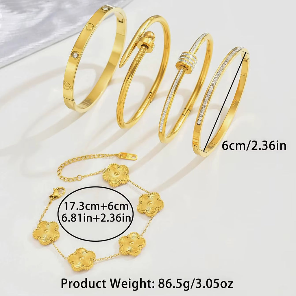 Europe and the United States Hot Stainless Steel Four-Leaf Clover Lucky Bracelet Fashion Women'S Nail Bracelet Gold Bangles