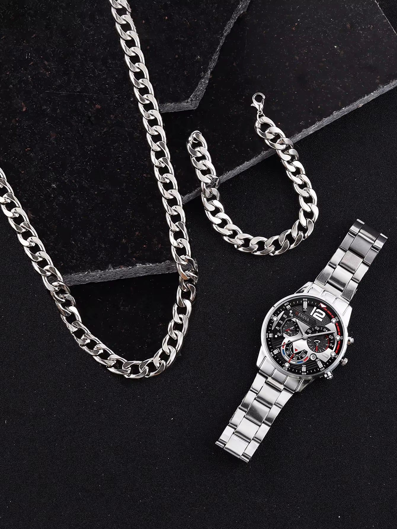 3Pcs Business Style Silver White Mechanical Design Men'S Alloy Quartz Watch with Calendar and Alloy Cuba Necklace Bracelet Set