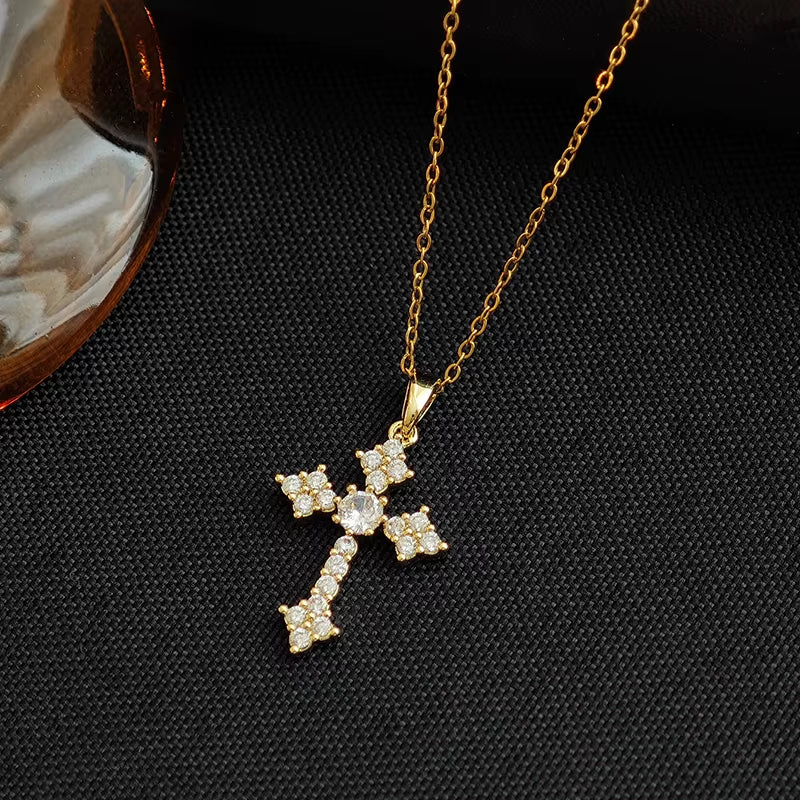 316L Stainless Steel Cross Zircon Pendant Necklace for Women Men Simple Cool Temperament Jewelry Gifts Wholesale