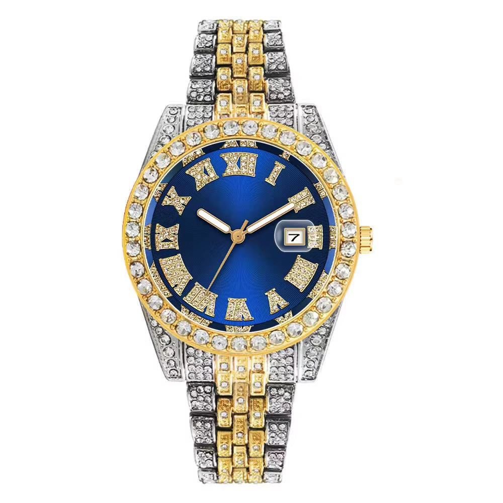 Luxury Hip Hop Stainless Steel Gold Color Calendar Watch for Men Iced Out Paved Rhinestones Men Watch Reloj Hombre