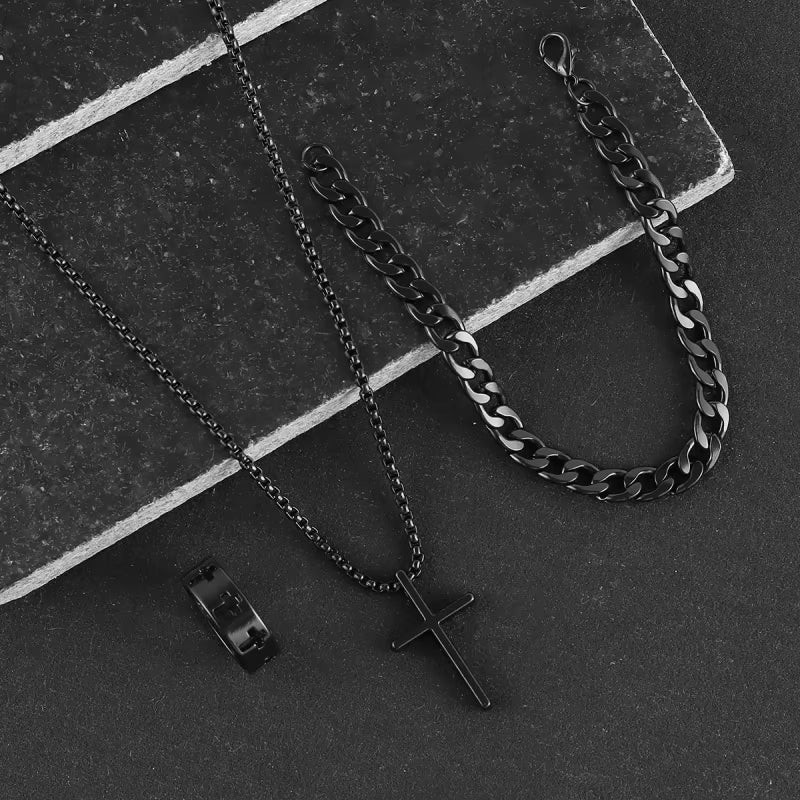 3Pcs Set Men'S Stainless Steel Metal Cross Pendant Chain Necklace Bracelet Ring Jewelry Set Male Hip Hop Daily Wear Accessories