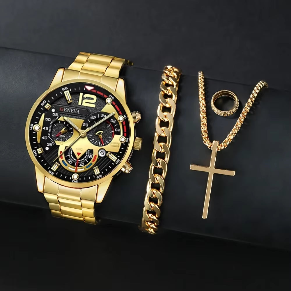 A Geneva Men'S Quartz Watch Set with Necklace and Ring -4-Piece Fashion Accessory Set, round Case Alloy Watch