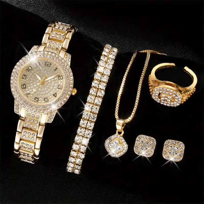 6PCS Women Watch Luxury Elegant Alloy Watch Crystal Wristwatch for Ladies Gift Quartz Watch Alloy Rhinestone Bracelet Montre