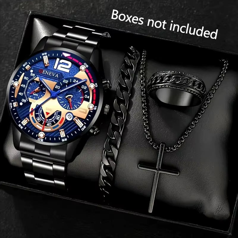 A Geneva Men'S Quartz Watch Set with Necklace and Ring -4-Piece Fashion Accessory Set, round Case Alloy Watch