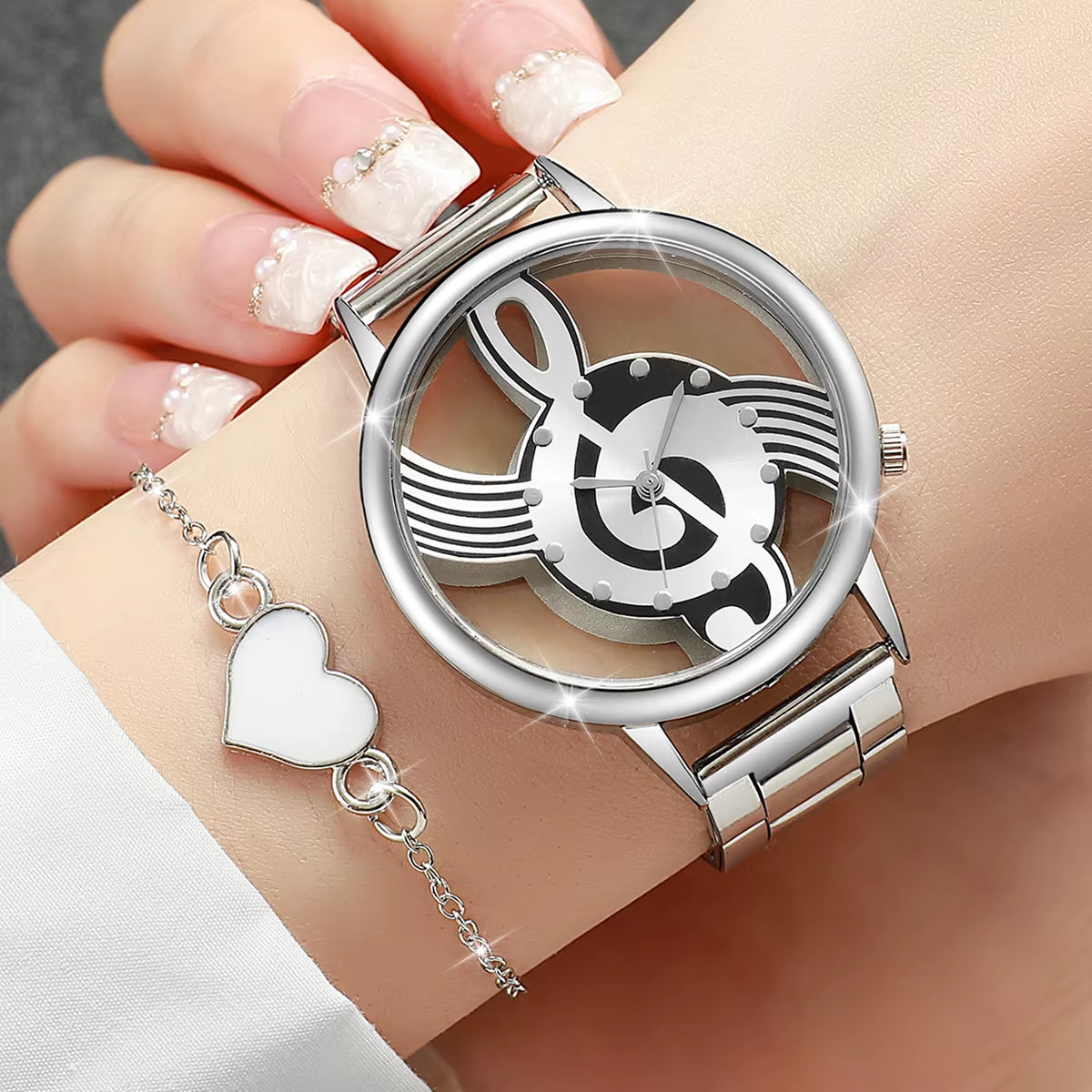 2Pcs/Set Women Stainless Steel Musical Note Quartz Watch with Heart-Shaped Bracelet