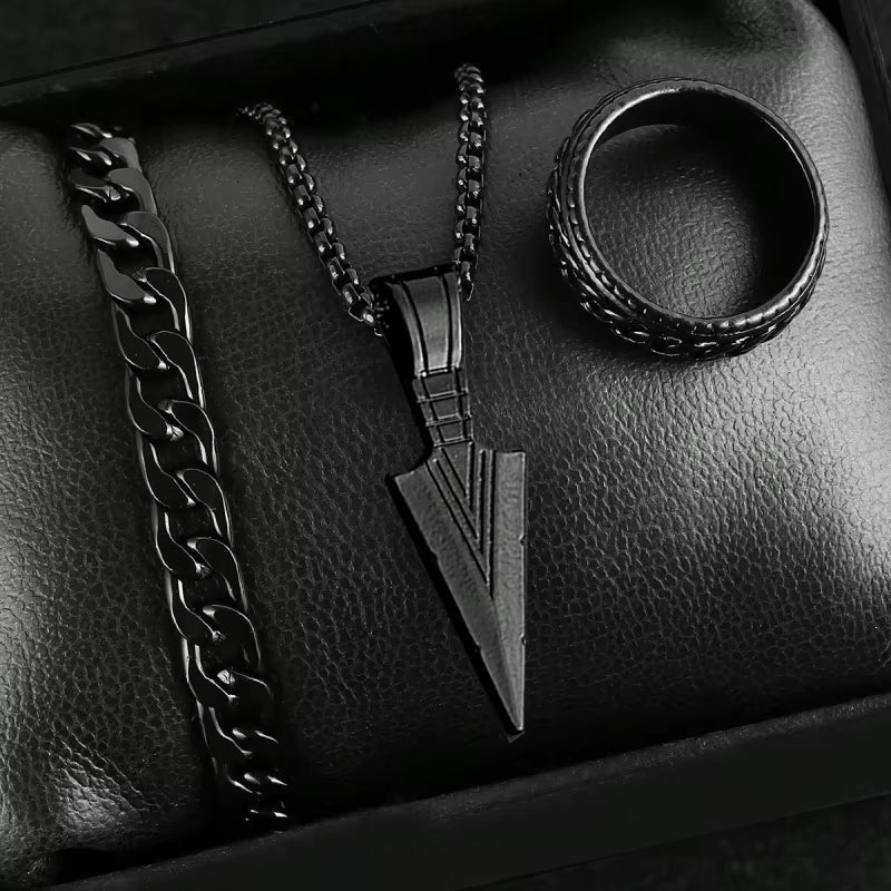 3Pcs Set Men'S Stainless Steel Metal Cross Pendant Chain Necklace Bracelet Ring Jewelry Set Male Hip Hop Daily Wear Accessories