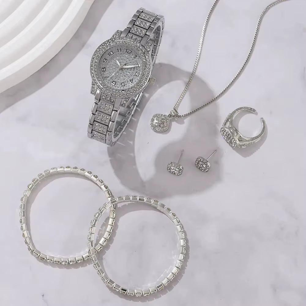 6PCS Women Watch Luxury Elegant Alloy Watch Crystal Wristwatch for Ladies Gift Quartz Watch Alloy Rhinestone Bracelet Montre