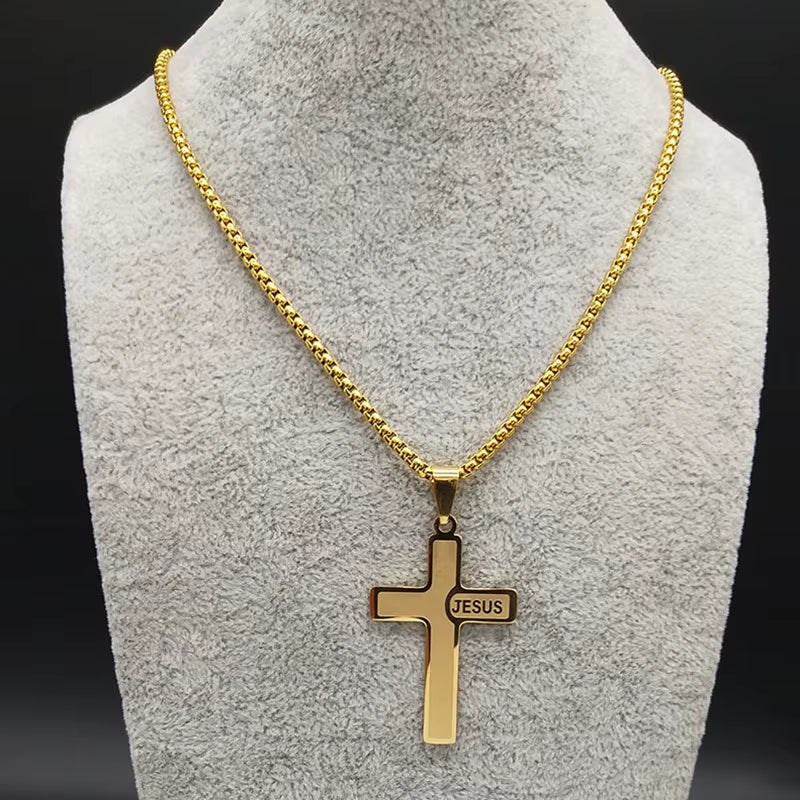 Stainless Steel Jesus Cross Pendant Chain Necklace for Men Women Jewelry Catholic Crucifixes Rosaries Accessories