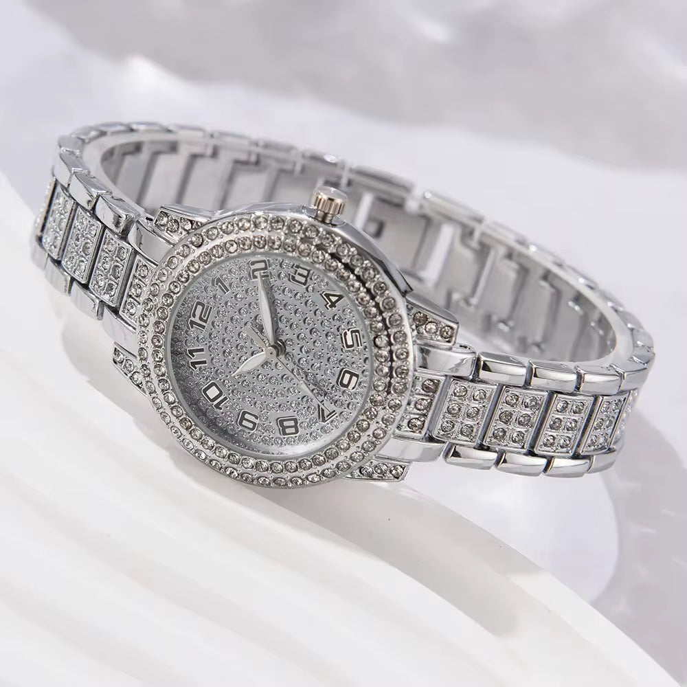 6PCS Women Watch Luxury Elegant Alloy Watch Crystal Wristwatch for Ladies Gift Quartz Watch Alloy Rhinestone Bracelet Montre