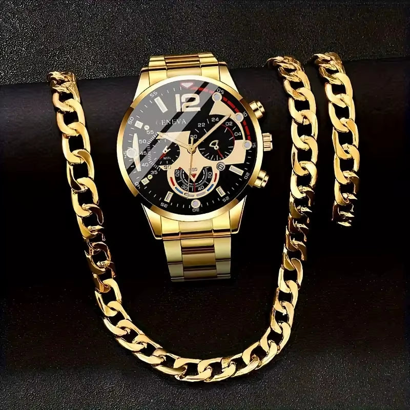 3Pcs Business Style Silver White Mechanical Design Men'S Alloy Quartz Watch with Calendar and Alloy Cuba Necklace Bracelet Set