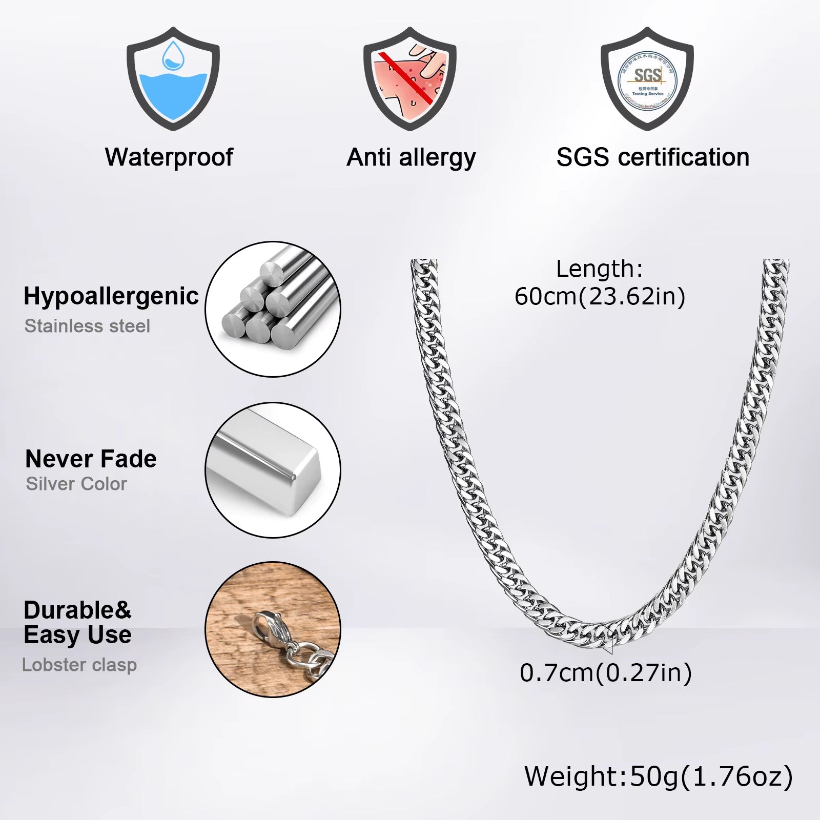 3/5/7/9Mm Thick Cuban Chain Necklaces for Men Women,Simple Miami Curb Links Collar,Waterproof Stainless Steel Unisex Chain