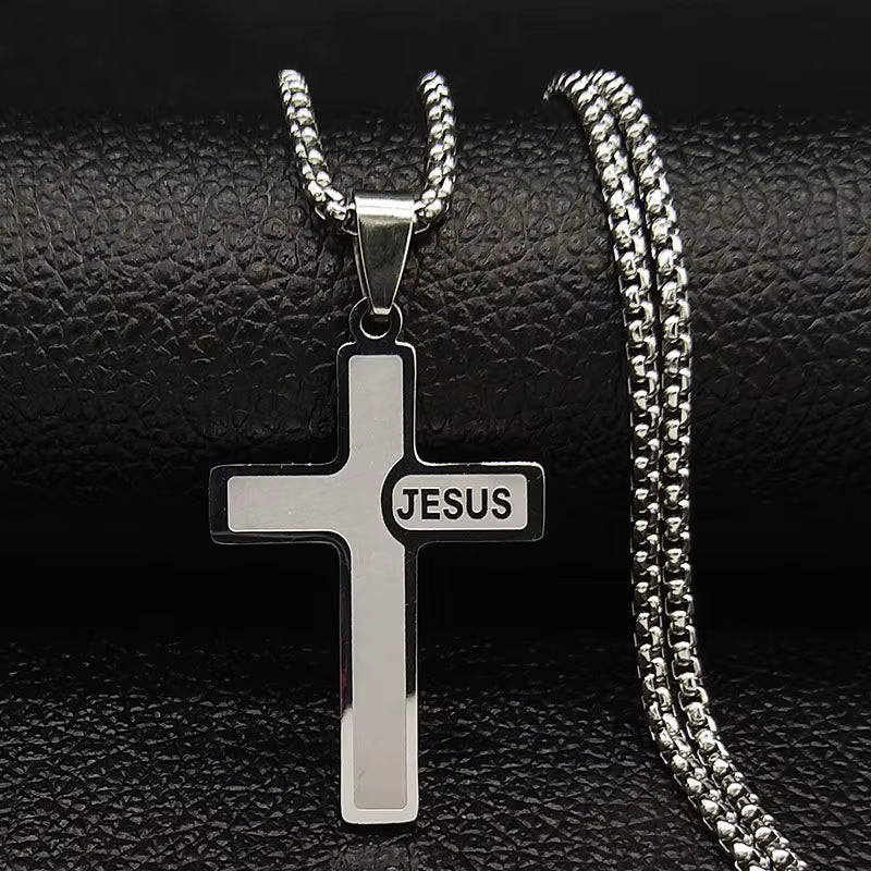 Stainless Steel Jesus Cross Pendant Chain Necklace for Men Women Jewelry Catholic Crucifixes Rosaries Accessories