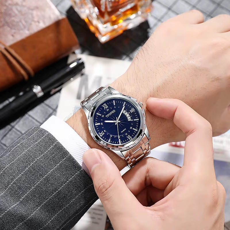 Men'S Watch Leisure and Fashion Blue Light Window Calendar Quartz Watch Stainless Steel Male Clock UTHAI CQ266