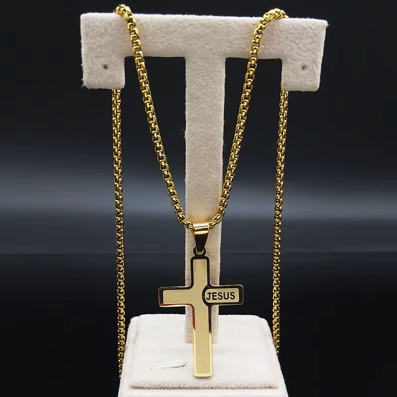 Stainless Steel Jesus Cross Pendant Chain Necklace for Men Women Jewelry Catholic Crucifixes Rosaries Accessories