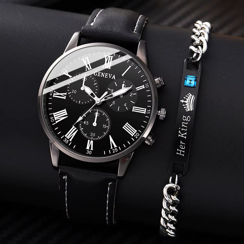 2PCS Men'S Quartz Watch Set Fashion Trend Digital Scale Dial Quartz Watch Bracelet Jewelry Set Suitable for Festival Gifts