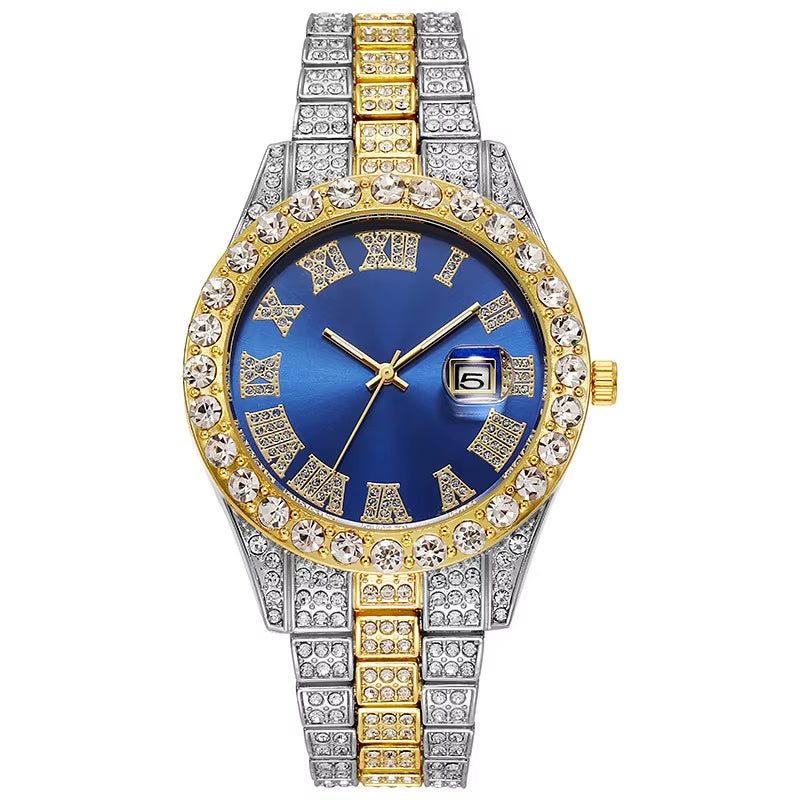 Luxury Hip Hop Stainless Steel Gold Color Calendar Watch for Men Iced Out Paved Rhinestones Men Watch Reloj Hombre