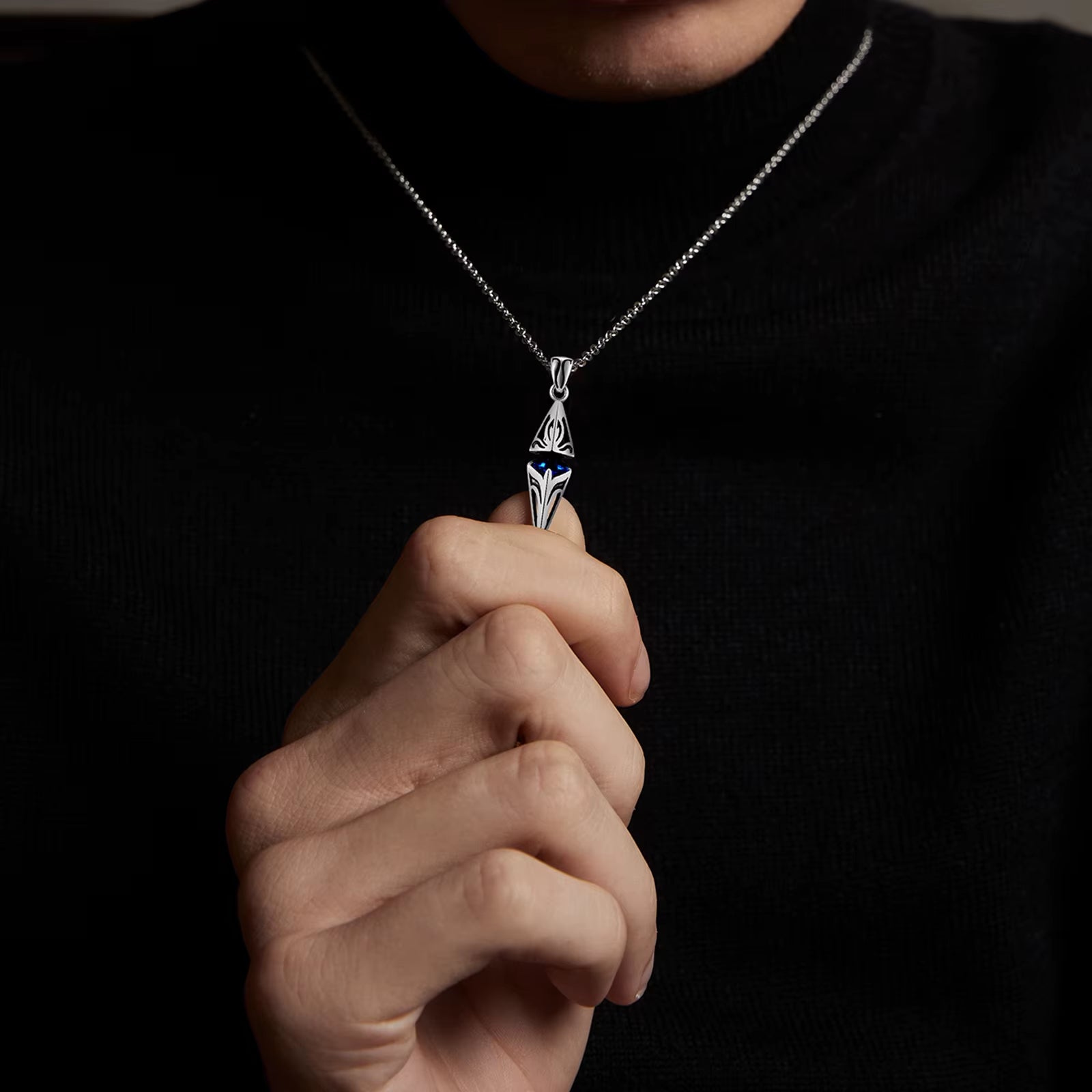 Stylish Blue Stone Necklaces for Men, Stainless Steel Cube Geometric Pendant Collar Jewelry, Birthday Party Gifts for Him