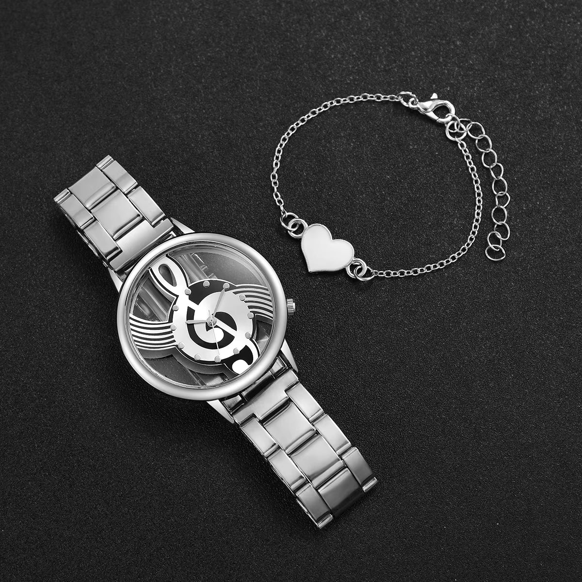 2Pcs/Set Women Stainless Steel Musical Note Quartz Watch with Heart-Shaped Bracelet