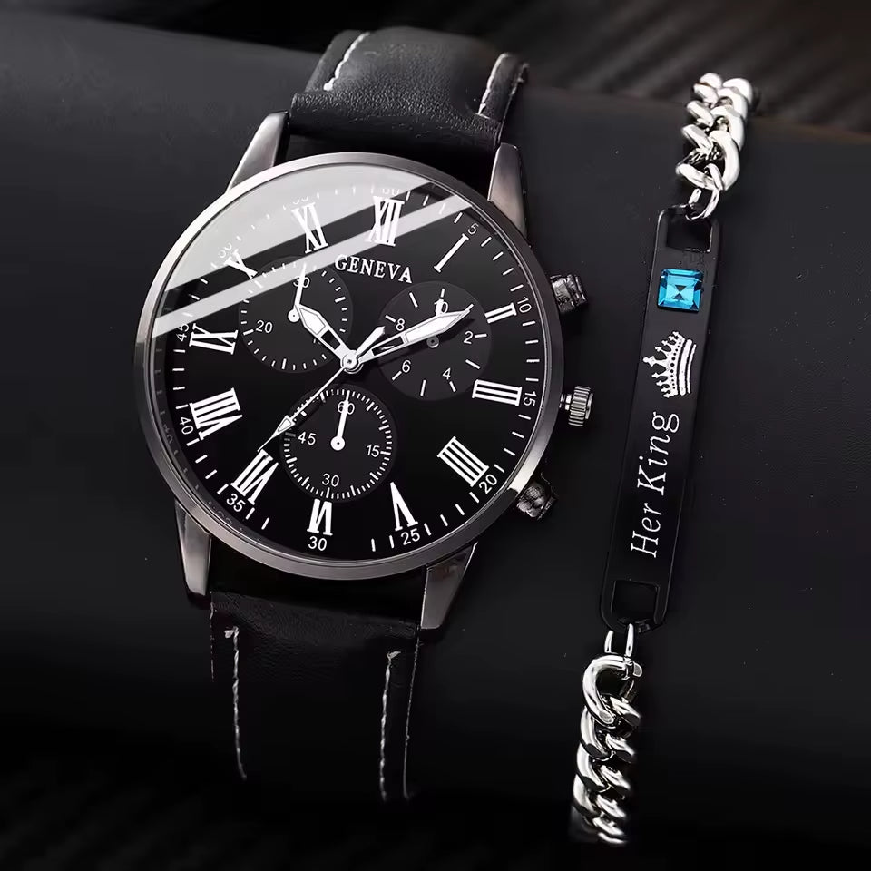 2PCS Men'S Quartz Watch Set Fashion Trend Digital Scale Dial Quartz Watch Bracelet Jewelry Set Suitable for Festival Gifts