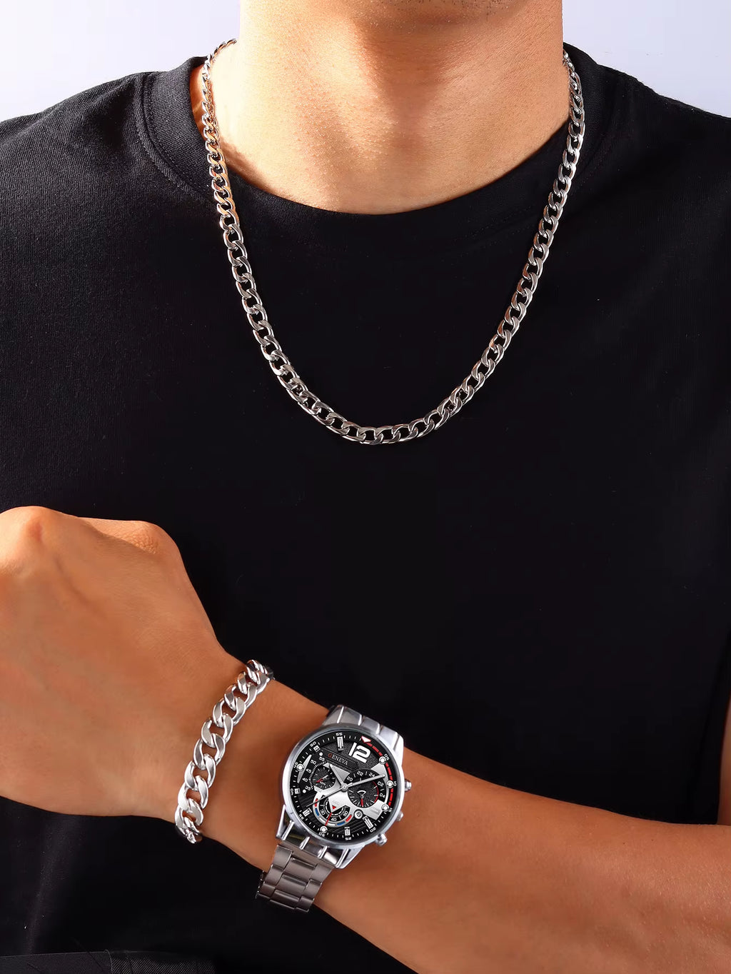 3Pcs Business Style Silver White Mechanical Design Men'S Alloy Quartz Watch with Calendar and Alloy Cuba Necklace Bracelet Set