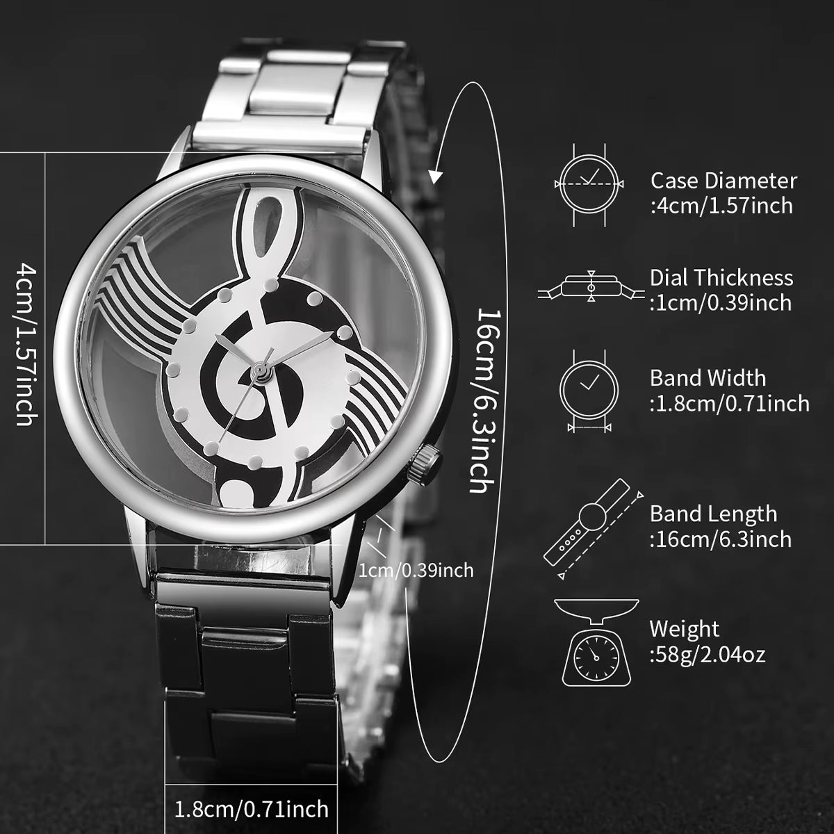 2Pcs/Set Women Stainless Steel Musical Note Quartz Watch with Heart-Shaped Bracelet