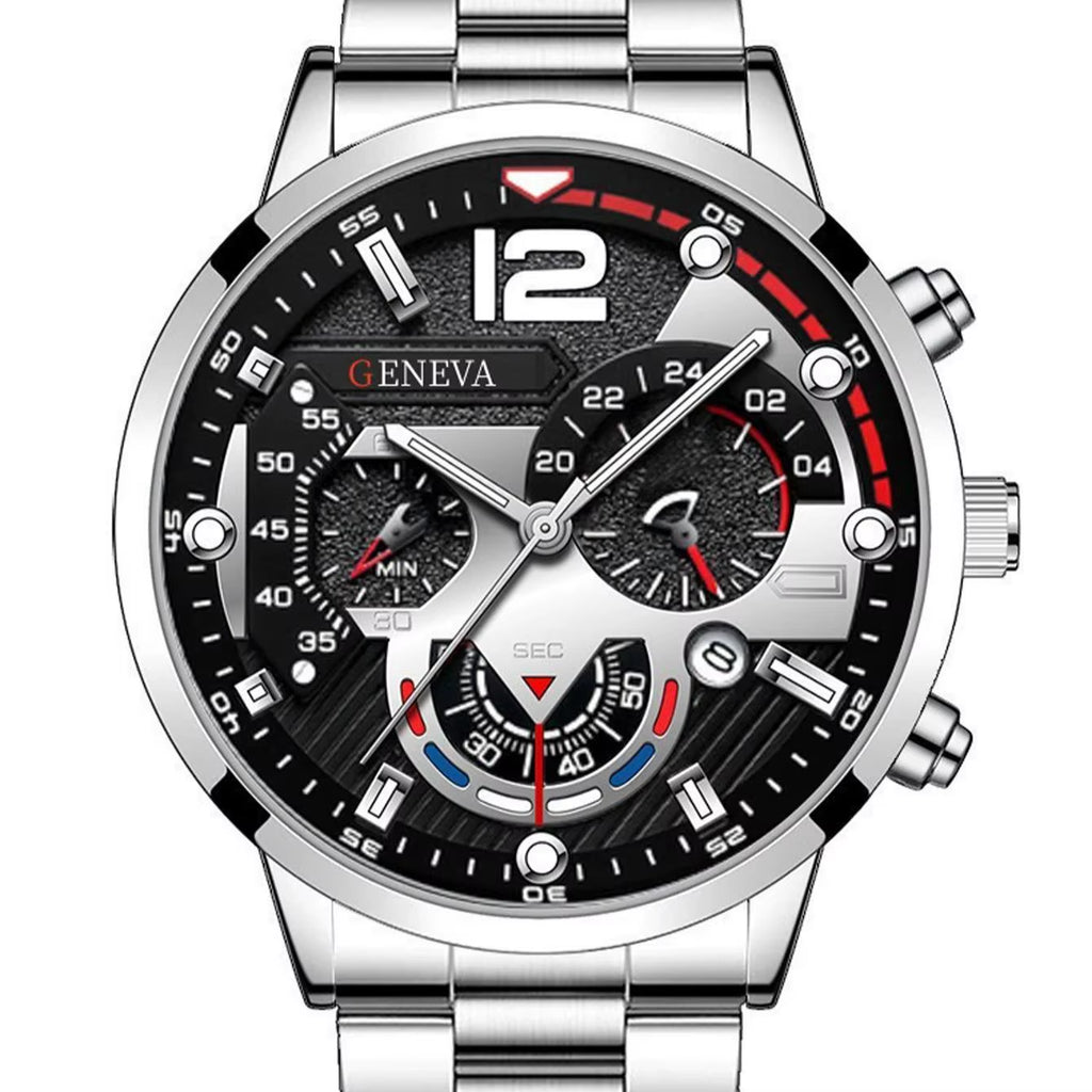 3Pcs Business Style Silver White Mechanical Design Men'S Alloy Quartz Watch with Calendar and Alloy Cuba Necklace Bracelet Set