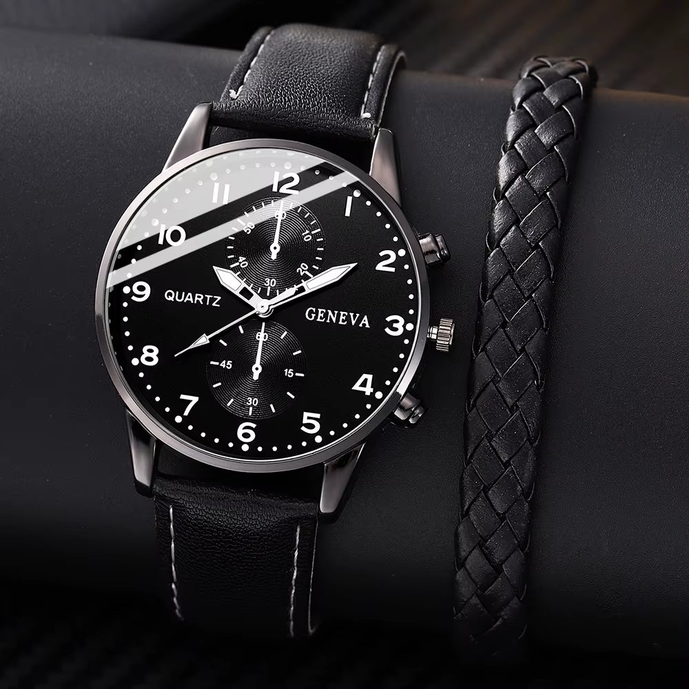 2PCS Men'S Quartz Watch Set Fashion Trend Digital Scale Dial Quartz Watch Bracelet Jewelry Set Suitable for Festival Gifts