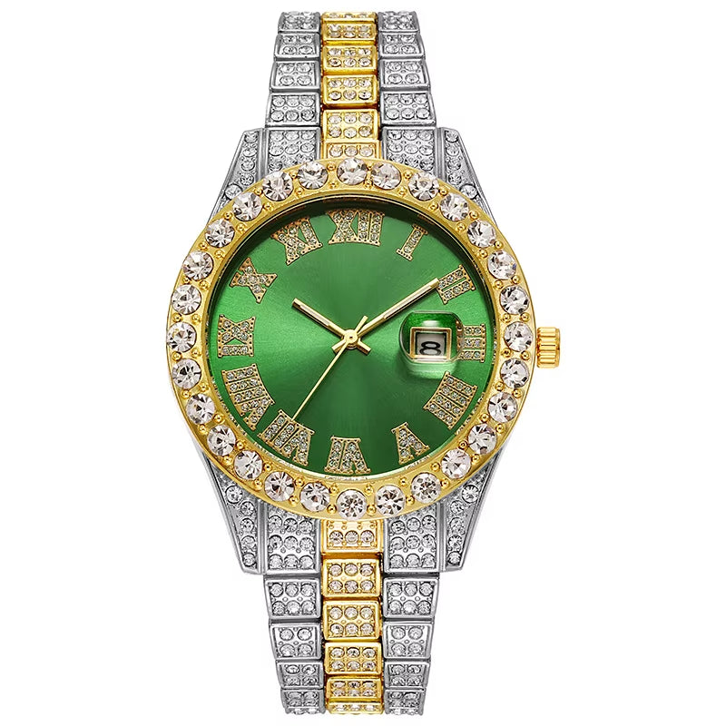 Luxury Hip Hop Stainless Steel Gold Color Calendar Watch for Men Iced Out Paved Rhinestones Men Watch Reloj Hombre