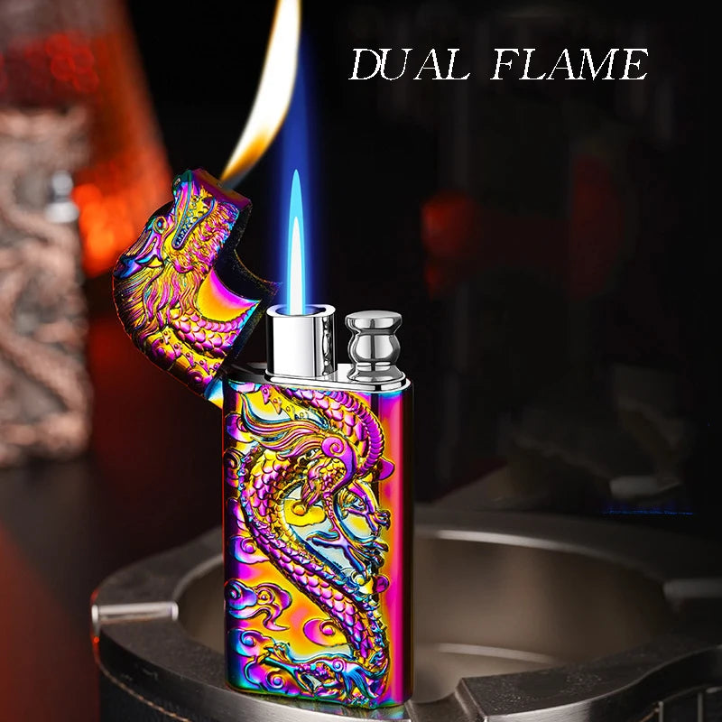 Wholesale of New Dual Flame Direct Conversion Open Flame Inflatable Lighters with Metal Three-Dimensional Relief Dragon Men'S Li