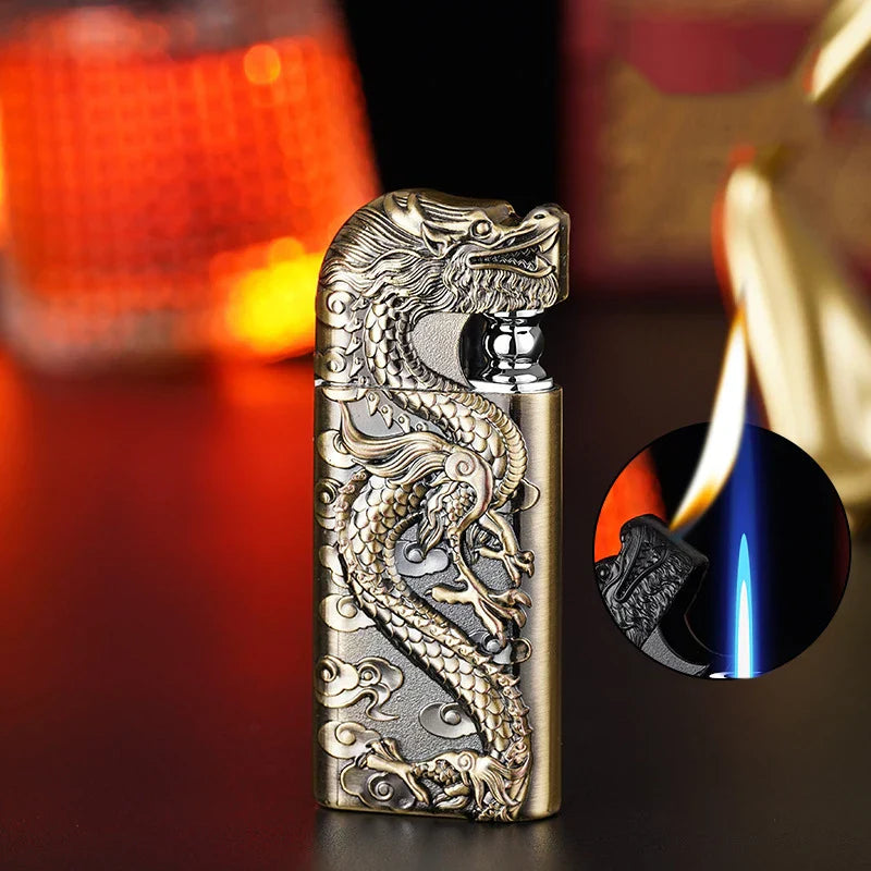 Wholesale of New Dual Flame Direct Conversion Open Flame Inflatable Lighters with Metal Three-Dimensional Relief Dragon Men'S Li
