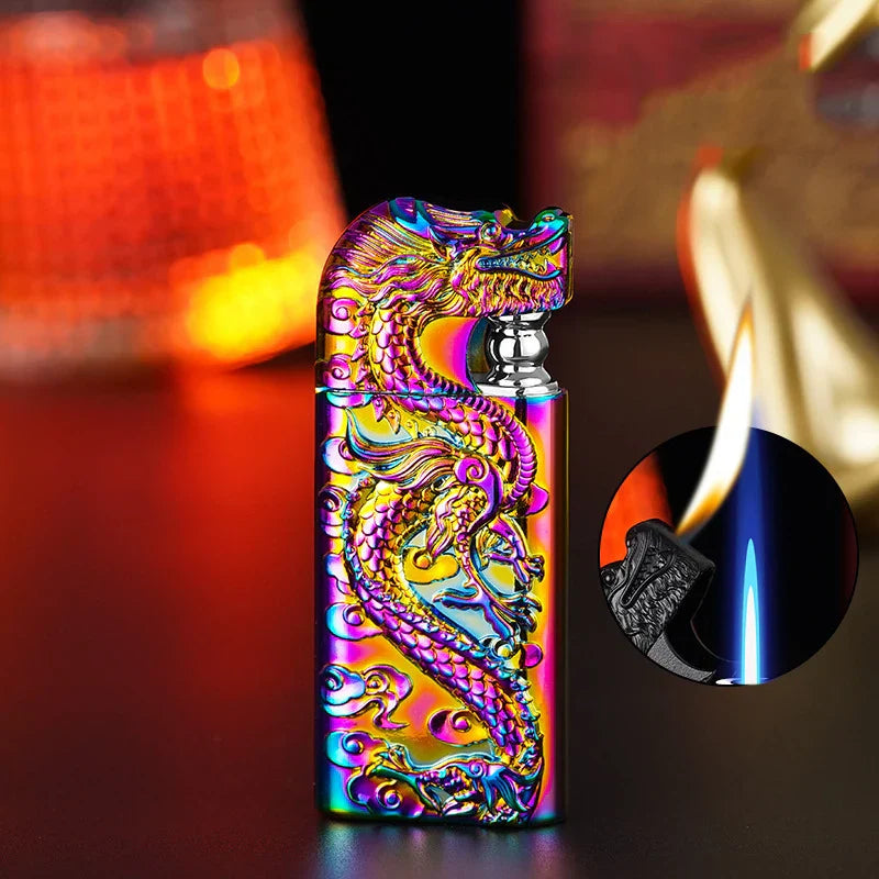 Wholesale of New Dual Flame Direct Conversion Open Flame Inflatable Lighters with Metal Three-Dimensional Relief Dragon Men'S Li