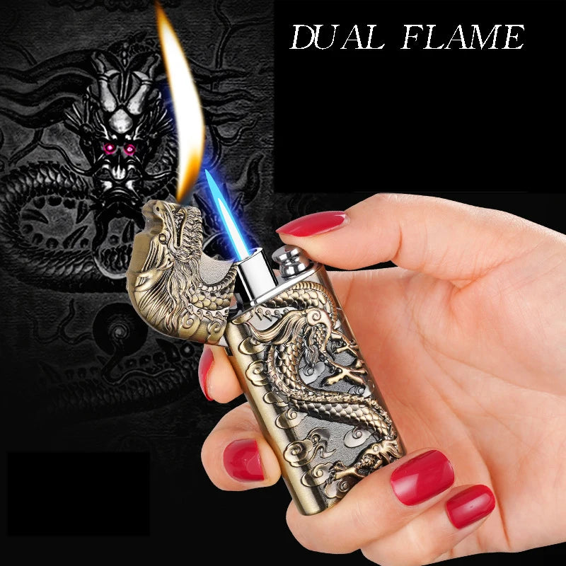 Wholesale of New Dual Flame Direct Conversion Open Flame Inflatable Lighters with Metal Three-Dimensional Relief Dragon Men'S Li