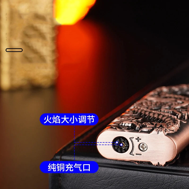 Wholesale of New Dual Flame Direct Conversion Open Flame Inflatable Lighters with Metal Three-Dimensional Relief Dragon Men'S Li