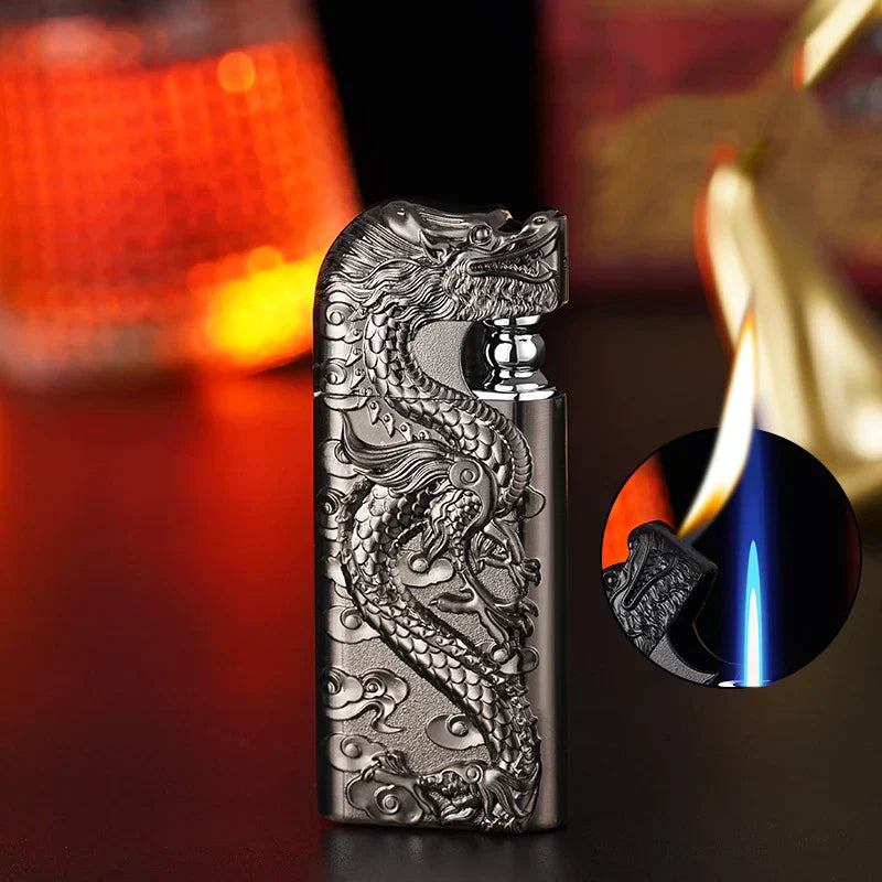 Wholesale of New Dual Flame Direct Conversion Open Flame Inflatable Lighters with Metal Three-Dimensional Relief Dragon Men'S Li
