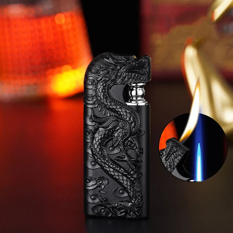 Wholesale of New Dual Flame Direct Conversion Open Flame Inflatable Lighters with Metal Three-Dimensional Relief Dragon Men'S Li
