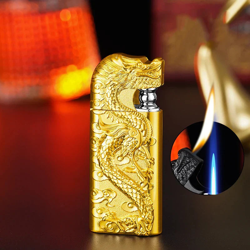 Wholesale of New Dual Flame Direct Conversion Open Flame Inflatable Lighters with Metal Three-Dimensional Relief Dragon Men'S Li