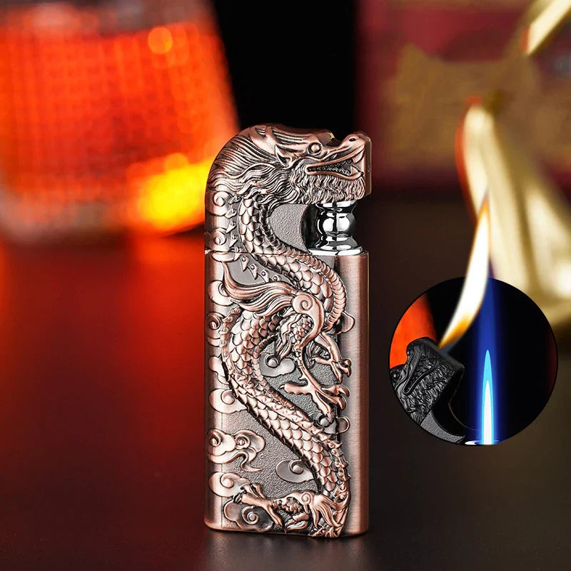 Wholesale of New Dual Flame Direct Conversion Open Flame Inflatable Lighters with Metal Three-Dimensional Relief Dragon Men'S Li